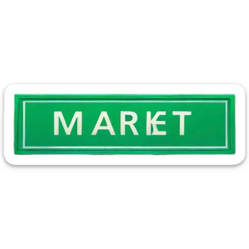 Street sign that says MARKET in blue with green bandana sticker