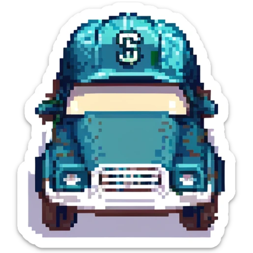 cute dump truck in navy blue and teal green, wearing a Mariners baseball cap, pixel art style sticker