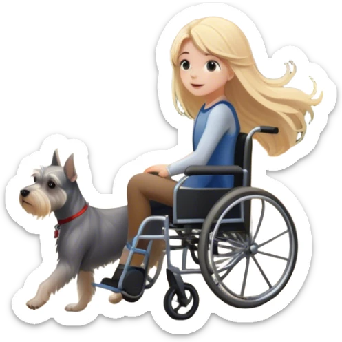 A girl in a wheelchair, rolling away into a path as her long blonde hair cascades behind her and a miniature schnauzer follows along the place has sunlight coming through the trees and leaves falling as though as early fall sticker