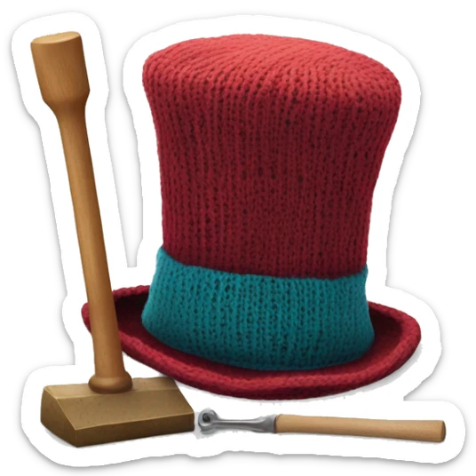 a knit top hat with fly on top of try on top of it and a hammer on a trap sticker