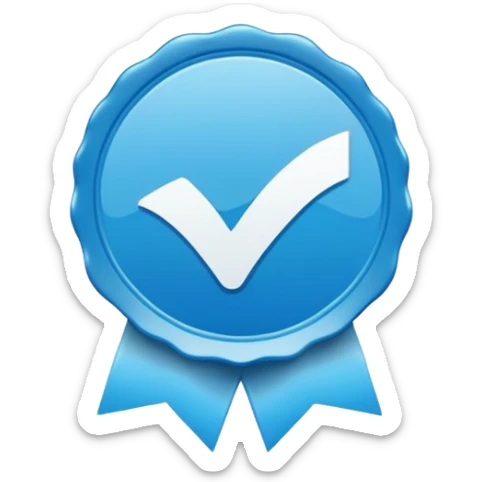 A bright blue circular badge with soft, wavy edges (like a seal or award ribbon). In the center, there is a white check mark (✓) tilted slightly to the right. The design feels clean, modern, and official, symbolizing verified, trusted, approved, or authentic status. sticker