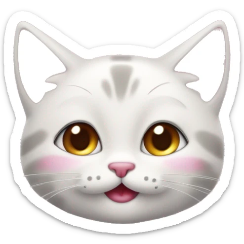 Crée un emoji représentant un adorable chaton souriant avec de grands yeux brillants et des joues roses. Le chaton doit avoir des oreilles pointues et une petite langue qui sort de sa bouche, donnant une impression de joie et de malice sticker