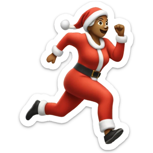 A woman running, with a large stride and arms outstretched, in a santa costume sticker