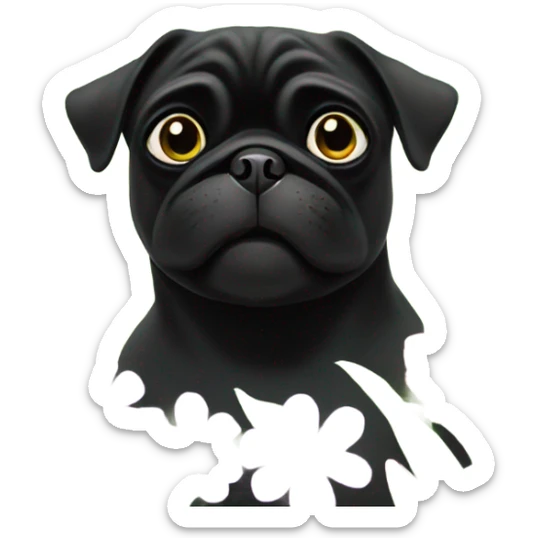 Black pug , surrounded by flowers, holding a green sign that says “good luck”  sticker