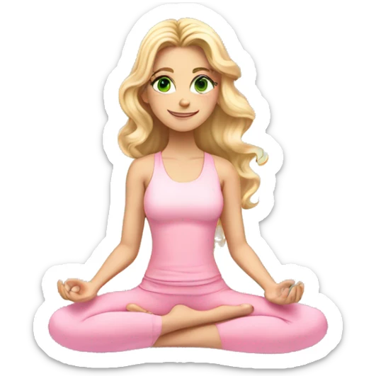 blonde long curled hair and green eyes yoga beautiful girl in light pink pink pink clothes sitting on a yoga mat sticker