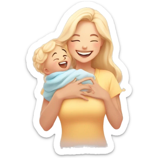 young mother with blonde hair, waist-up portrait, joyfully lifting baby in the air, smiling, soft lighting, kawaii style, chibi art style, emoji aesthetics, solid color background, minimalist, clean lines, vibrant colors, cute, wholesome sticker