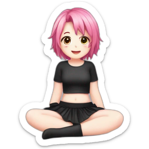 Full body Front view curvy emo girl pink hair sits on the floor straight view hands up black skirt белые трусики полосатые рваные чулки sticker