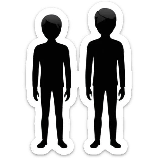 Minimalist emoji-style sticker of a person standing in front of a cracked mirror. The mirror shows a dark shadowy silhouette or distorted figure instead of a reflection. Flat black and white design with muted gray tones. No text. Bold, clean lines. Square composition. No shading or gradients. sticker