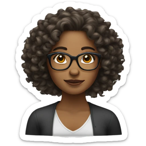 Brown woman, curly long hair, glasses, chest sticker