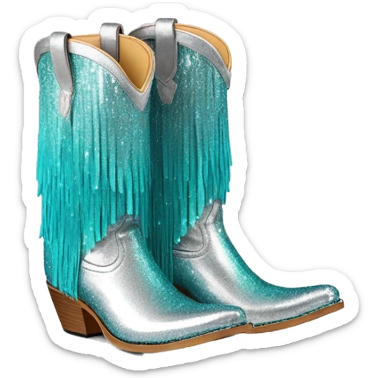 Realistic silver and turquoise ombre pair of fashion cowgirl boots with sparkly shiny glitter fringe on them. sticker