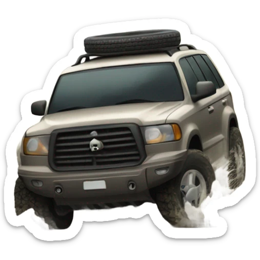An SUV facing a road full of mud and rocks, with big tires and mud splashing around, showing resistance and adaptability. sticker