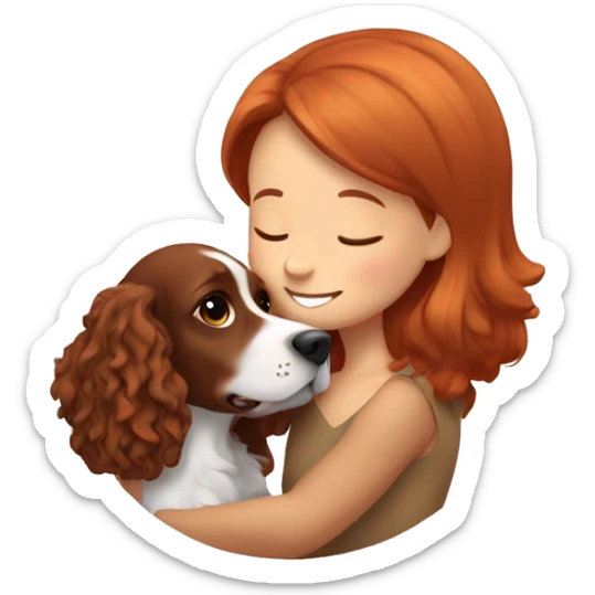 A very cute girl with red hair cuddling a happy brown-bright happy Cocker Spaniel that is only one color sticker