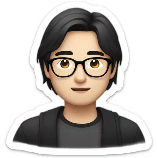 Heavy bespectacled Asian Man with black neck length hair with a black and white cat sticker