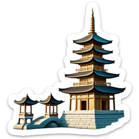 Cinematic Realistic Tran Quoc Pagoda Landmark Emoji, depicted with an ancient pagoda set on tranquil waters rendered with delicate textures and serene, reflective lighting. sticker