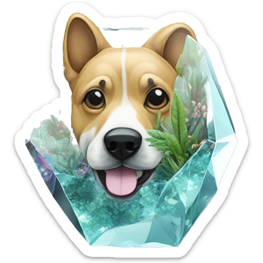 A dog made of glass mirror crystals prisms glass transparent filled with plants as a terrarium with graffiti doodles sticker