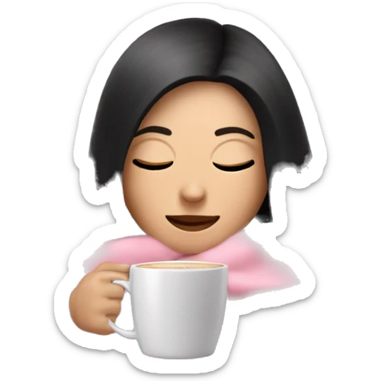 white girl with black straight hair inside a pink blanket sipping coffee eyes closed sticker