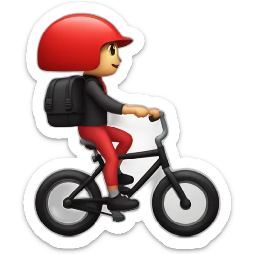 Garçon en tenue rouge sur un vélo noir vélo avec un sac tout rouge cubique, avec un logo qui représente une toque sticker