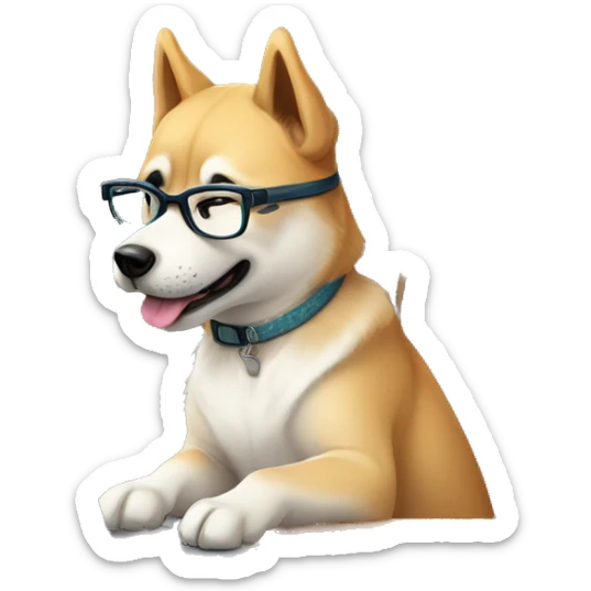 A cute Jindo dog from Korea wearing glasses and sitting at a desk, studying WordPress on a laptop. The dog has a determined expression. The background shows Korean-style room decor. Digital art style, vibrant colors, detailed illustration. sticker