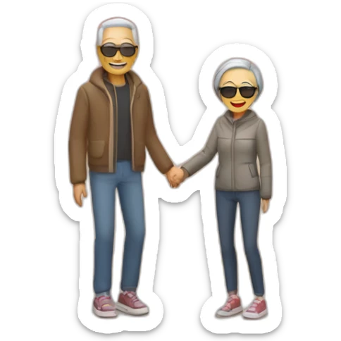 Happy skinny retired Chinese parents with sunglasses. Standing in a park in front of an red autumn tree sticker
