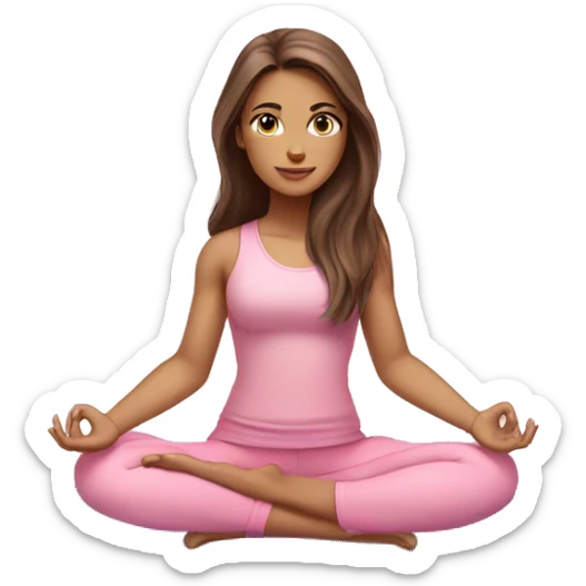 Brunette long hair and blue eyes yoga beautiful girl in light pink pink pink clothes sitting on a yoga mat sticker