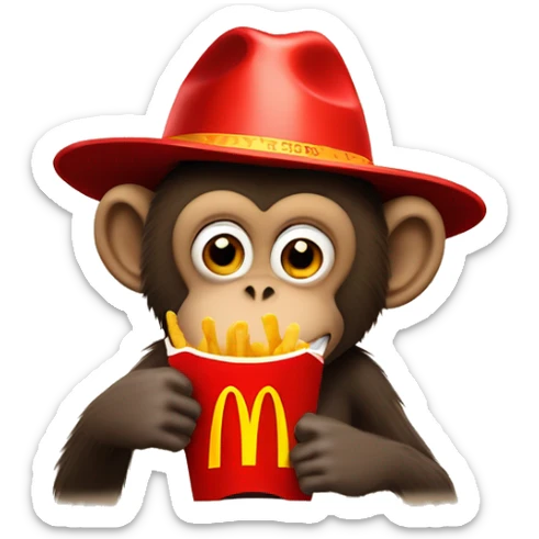 Monkey eating a packet of mcdonalds fries wearing a hat that says petes takeaways sticker
