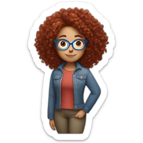 A curvy girl with dark red curly hair and blue glasses in full body in Pixar style sticker