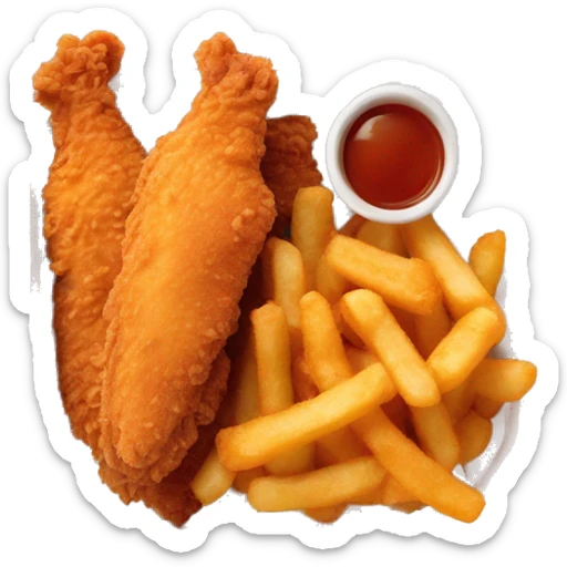 3 chicken tenders with crinkle fries and orange sauce on the side in a styrofoam container sticker