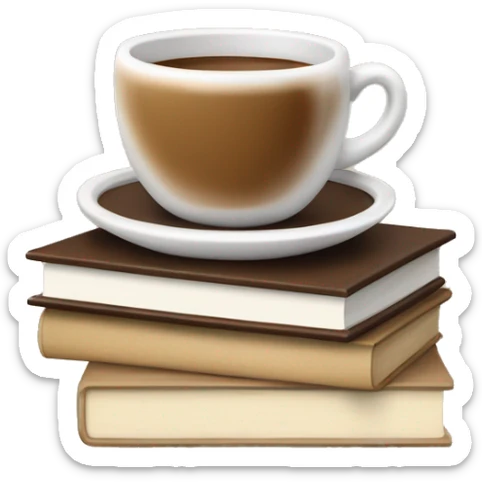 white cup of coffee on top of a small stack of brown and beige books sticker