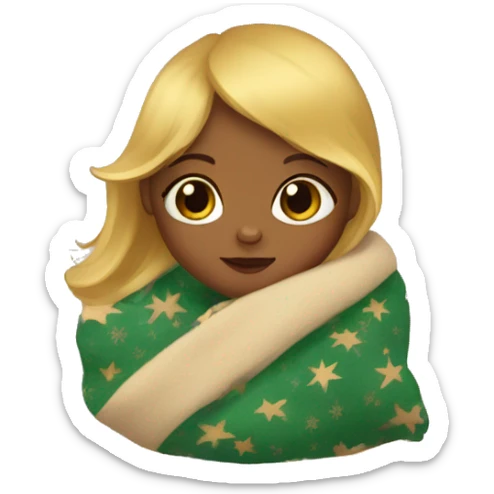 A baby girl with golden hair wrapped in a Christmas blanket. sticker