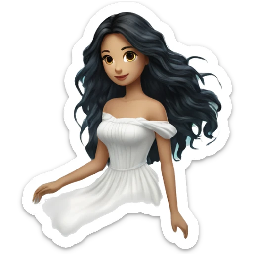 Pretty young Lady doll posing posed pose with long black hair flowers in hair white dress surrounded by flowing water sticker