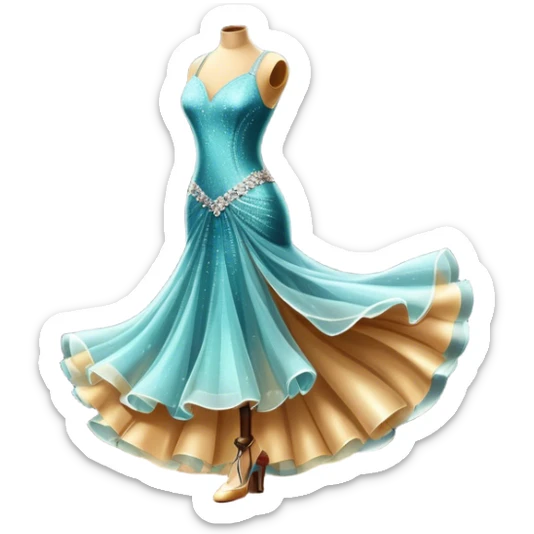 Humanless Icon for Ballroom Dance: elegant ballroom dance shoes, a sparkling dress, and a dance floor with a spotlight. The icon should capture the grace and elegance of ballroom dancing, with emphasis on movement and rhythm. Transparent background. sticker