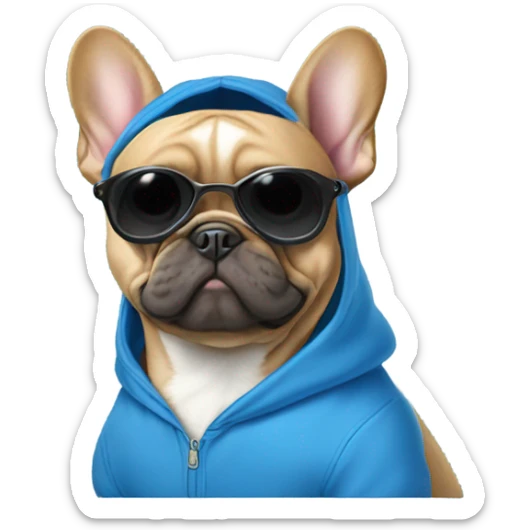 Frenchie dog wearing blue hoodie with blue cap and wearing black sunglasses  sticker