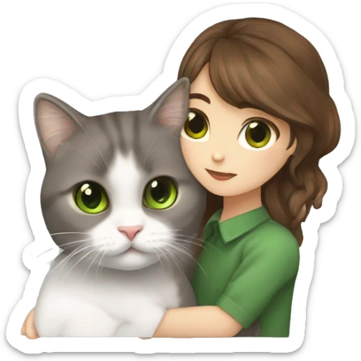 Girl with brown eyes and brown hair kiss Scottish fold while with gray cat with green eyes and sticker