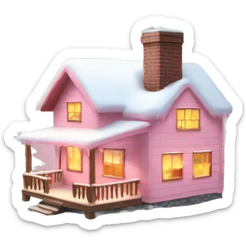 light pink cabin with snow with lights with smoking chimney and pink christmas tree sticker