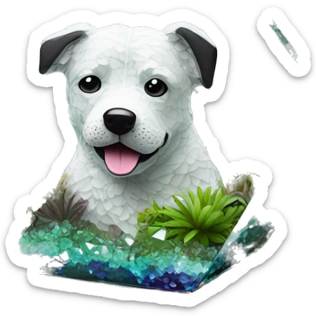 A dog made of glass mirror crystals prisms glass transparent filled with plants as a terrarium with graffiti doodles sticker