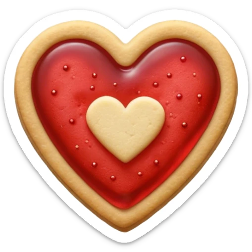 Realistic shortbread cookie in the shape of a heart with red jelly middle filling and sprinkled powder sugar on top. sticker