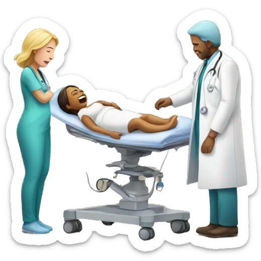 a woman gives birth and doctors stand nearby sticker