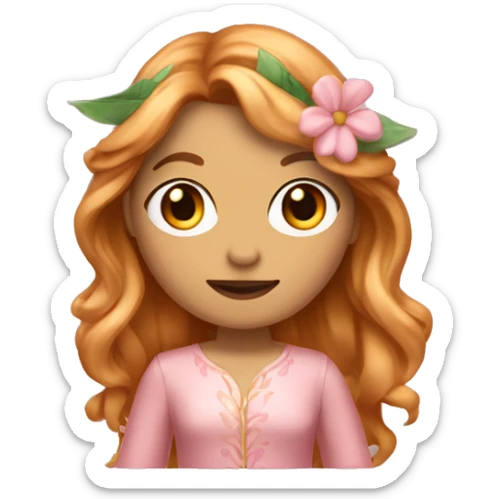 Full body Fairy white woman emoji with long wavy copper hair and blonde highlights, also with curtain bangs, brown/honey eyes, with a pink outfit inspired in flower leaves sticker