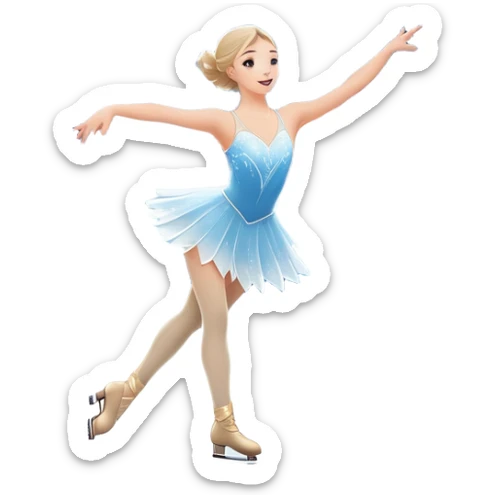 An icon showing a graceful figure skater performing a spin on the ice in a grand ice palace. The rink is illuminated by soft light beams, with cheering spectators in the stands. Snowflakes gently fall, adding to the magical atmosphere. Transparent background highlights elegance and artistry. sticker