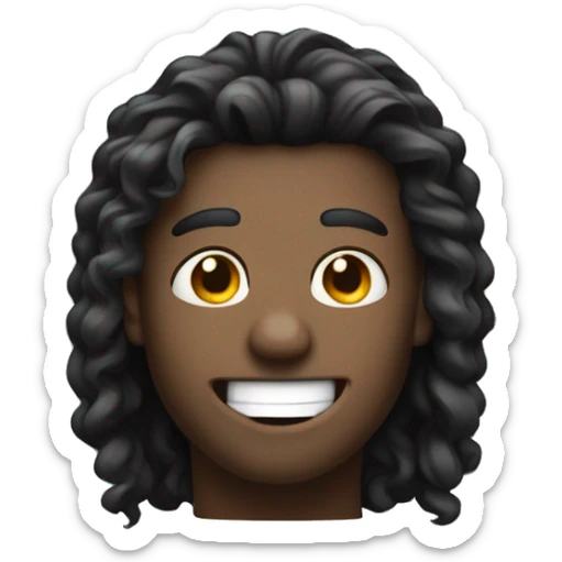 black curtains hair style,  very wide apart eyes, two big front teeth, big smile, white male sticker