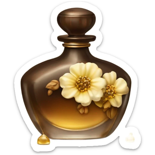 An antique perfume bottle with oil made of bronze and brown crystals, from which white cream and coffee milk flow, yellow flowers of fragrant vanilla lie next to it sticker