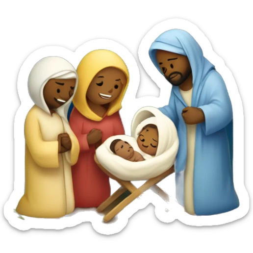 Nativity with Mary, Joseph, baby Jesus in the manger, and a bright star in the night sky sticker