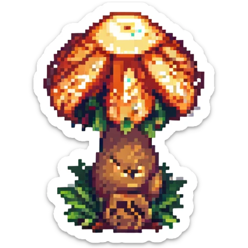 Add a tiny fairy nearby the glowing mushroom in pixel art style, with no background. sticker