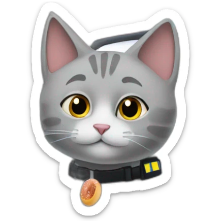 grey cat sitting in a police car. The car is parked outside a doughnut shop sticker