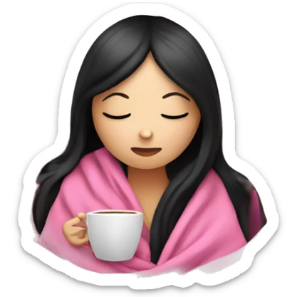 white girl with black straight hair inside a pink blanket sipping coffee eyes closed sticker