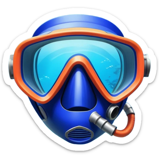 An icon featuring a close-up of a diving mask, snorkel, and fins floating on the surface of vibrant blue water. In the background, coral reefs and tropical fish create a lively underwater scene. Transparent background highlights the beauty and adventure of the diving experience. sticker