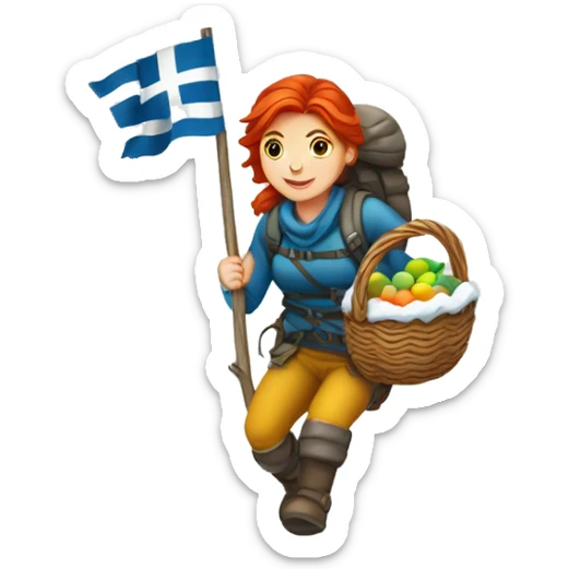 red hair female winter mountaineer climbing with Easter eggsbasket and Greek flag sticker