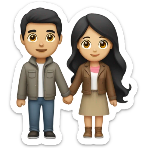 a couple holding hands. the guy has black middle part hair and is Persian and Filipino mix, wearing a jacket. the girl has brown hair white and asian mix, wearing a crop top. sticker