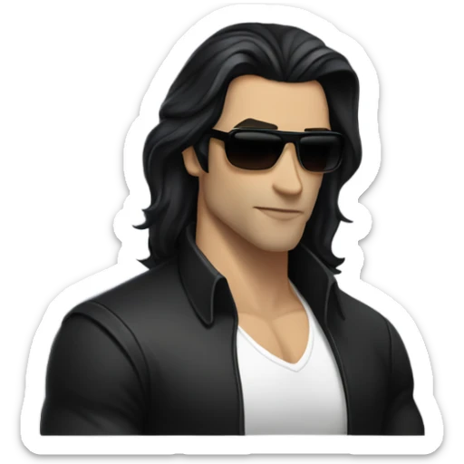 Man with long black hair, masculine face, fine lips, black sunglasses, lather jacket, underneath black t-shirt, muscles, vampire  sticker