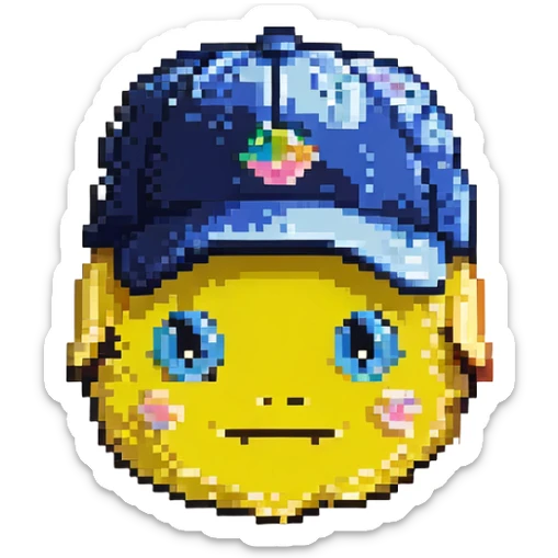 Change the color of the embroidered 100 emoji to navy blue and make the hat a pastel yellow, keeping the pixel art style with no background. sticker